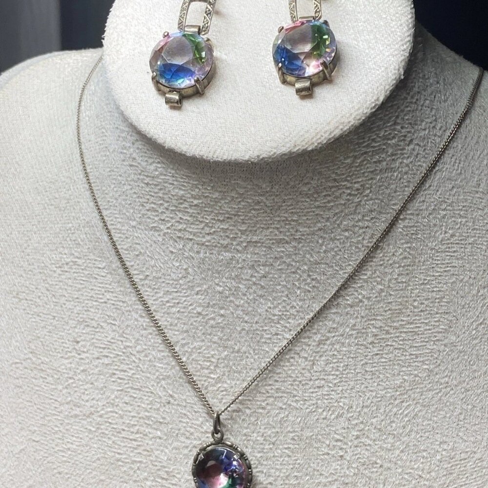 Art Deco Silver Necklace & Earrings Set Rainbow Glass 16”